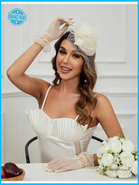 Vintage Pillbox Derby Fascinator Hat Feathered Hair Clip Lace Gloves Set main image 4